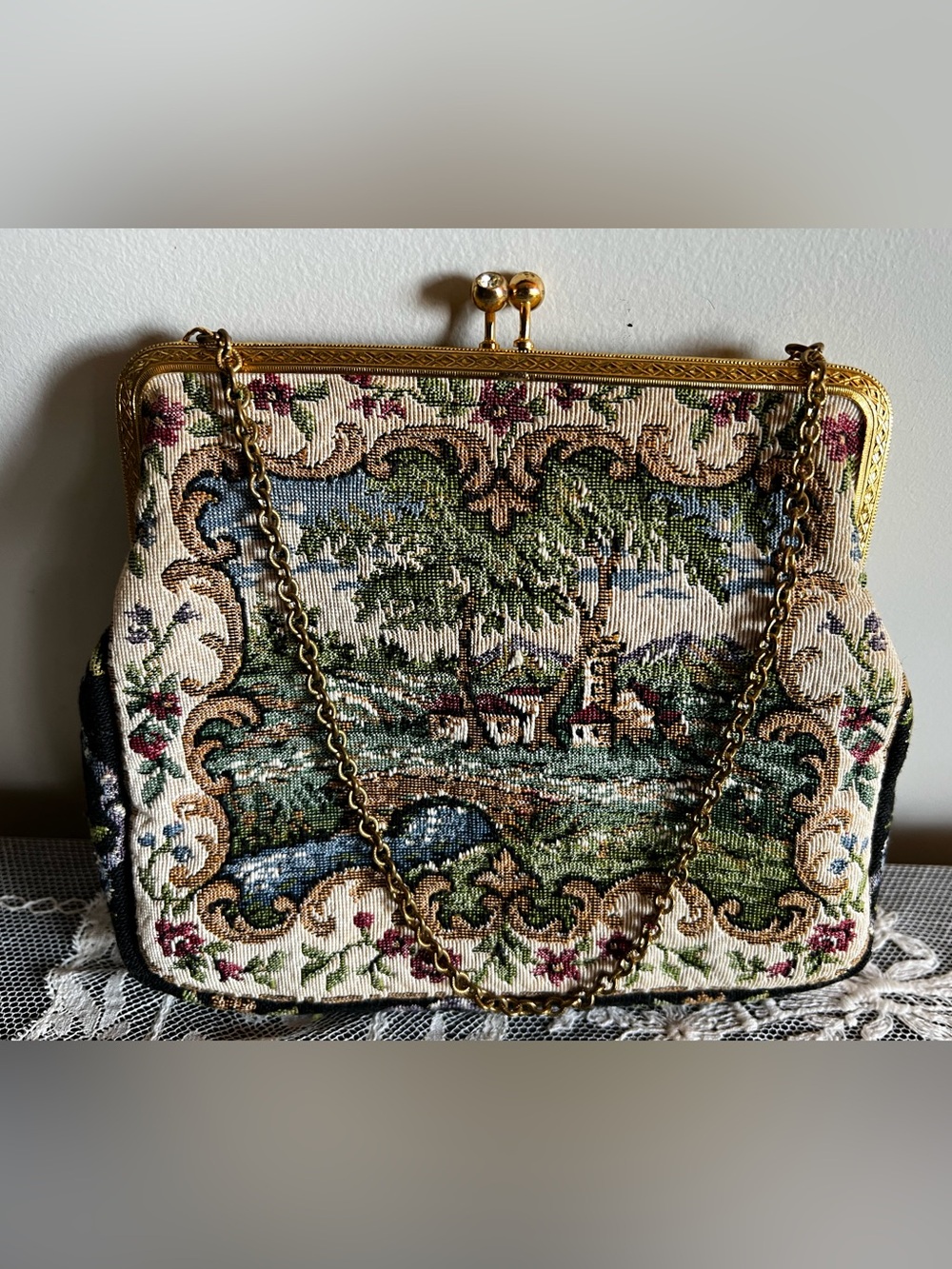 Vintage Embroidered Tapestry Clutch Purse w Gold Accents